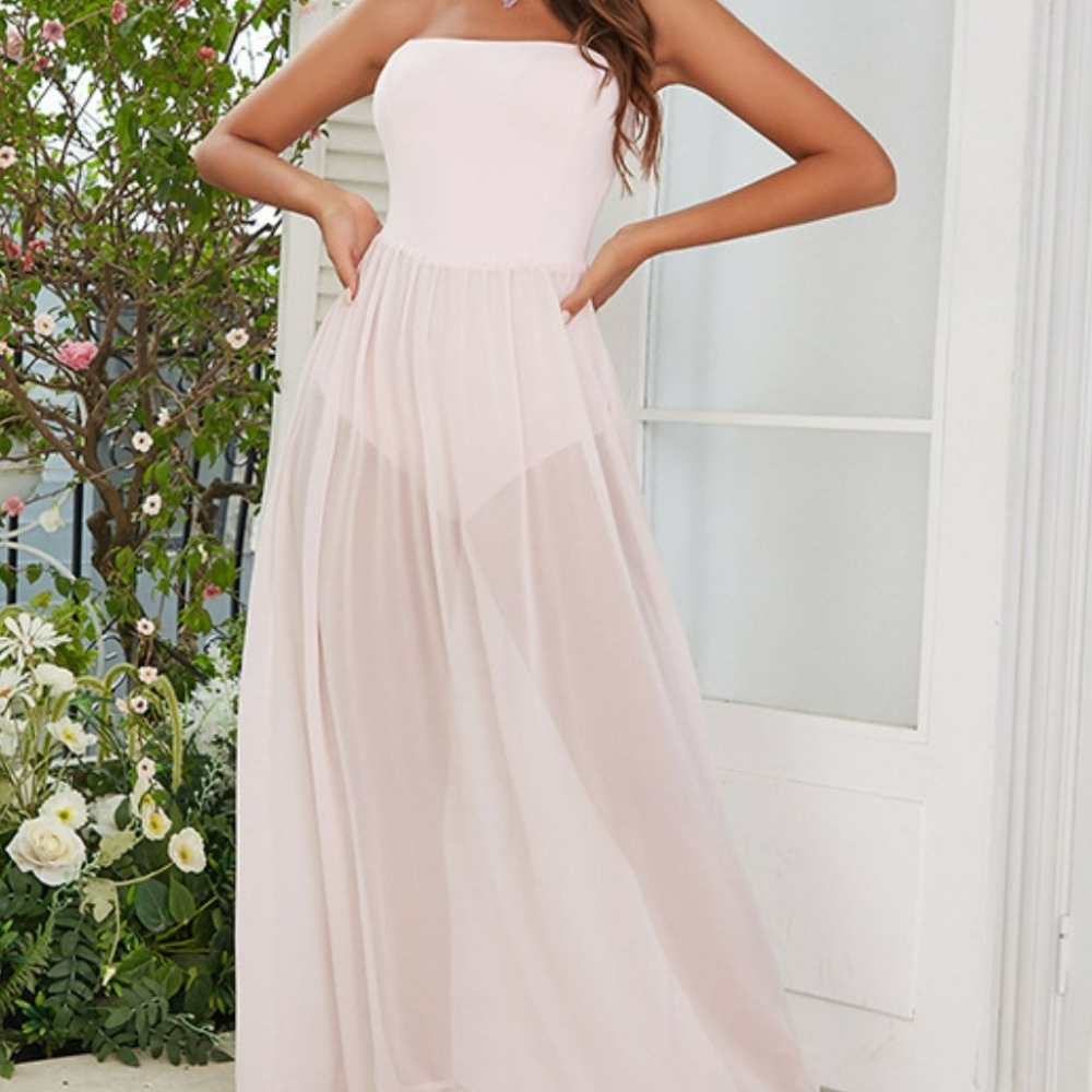 Strapless Spliced Mesh Maxi Dress